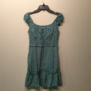 Green and white smocked ruffle mini dress